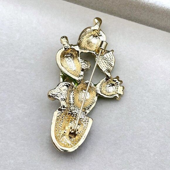 Yellow Gold with Emerald and Diamond Potted Cactus Plant Enamel Pin Back Brooch - Picture 8 of 9